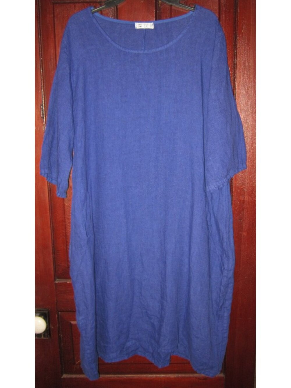 100% Lino L Pure Linen Dress Blue Lagenlook Pockets Popover Italy
